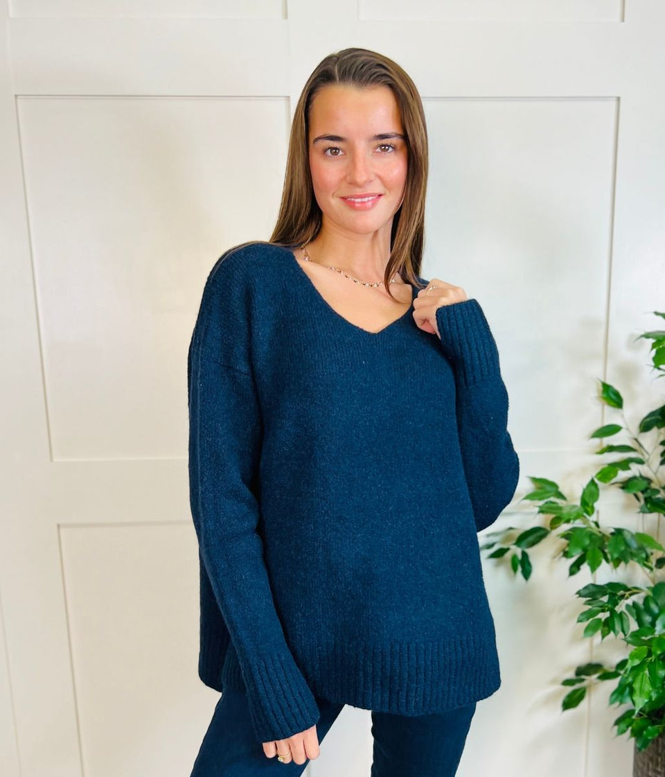 Navy V Neck Wool Blend Jumper