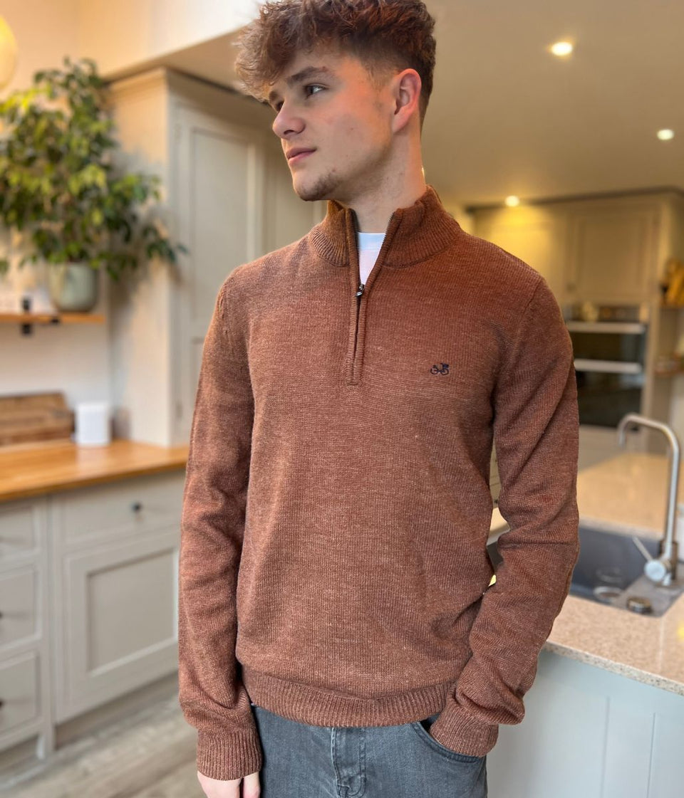 Brown 1/4 Zip Wool Blend Knitted Jumper