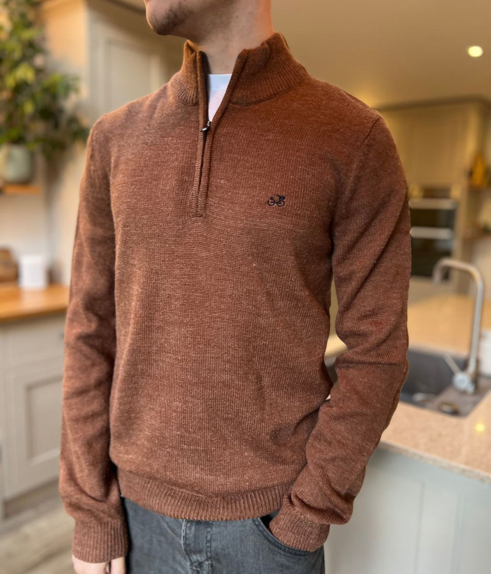Brown 1/4 Zip Wool Blend Knitted Jumper