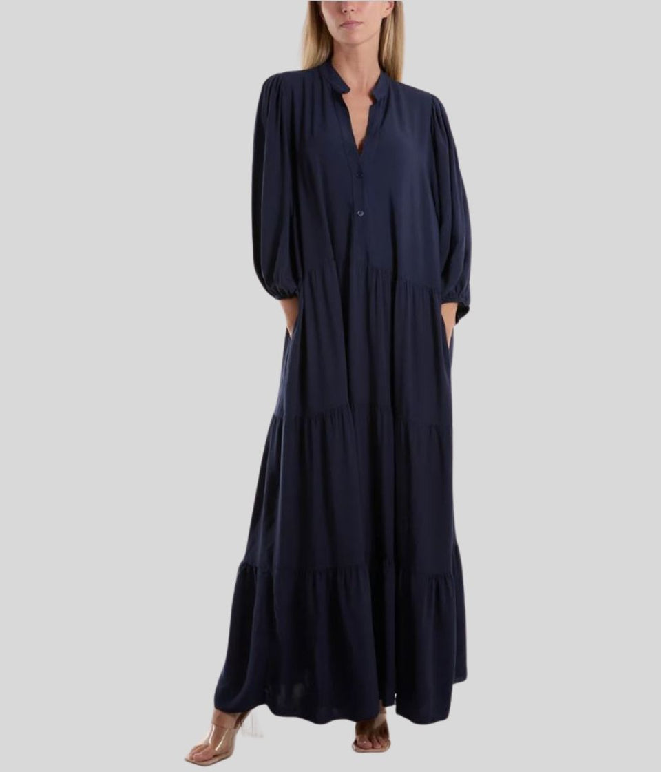 Navy Tiered Maxi Shirt Dress