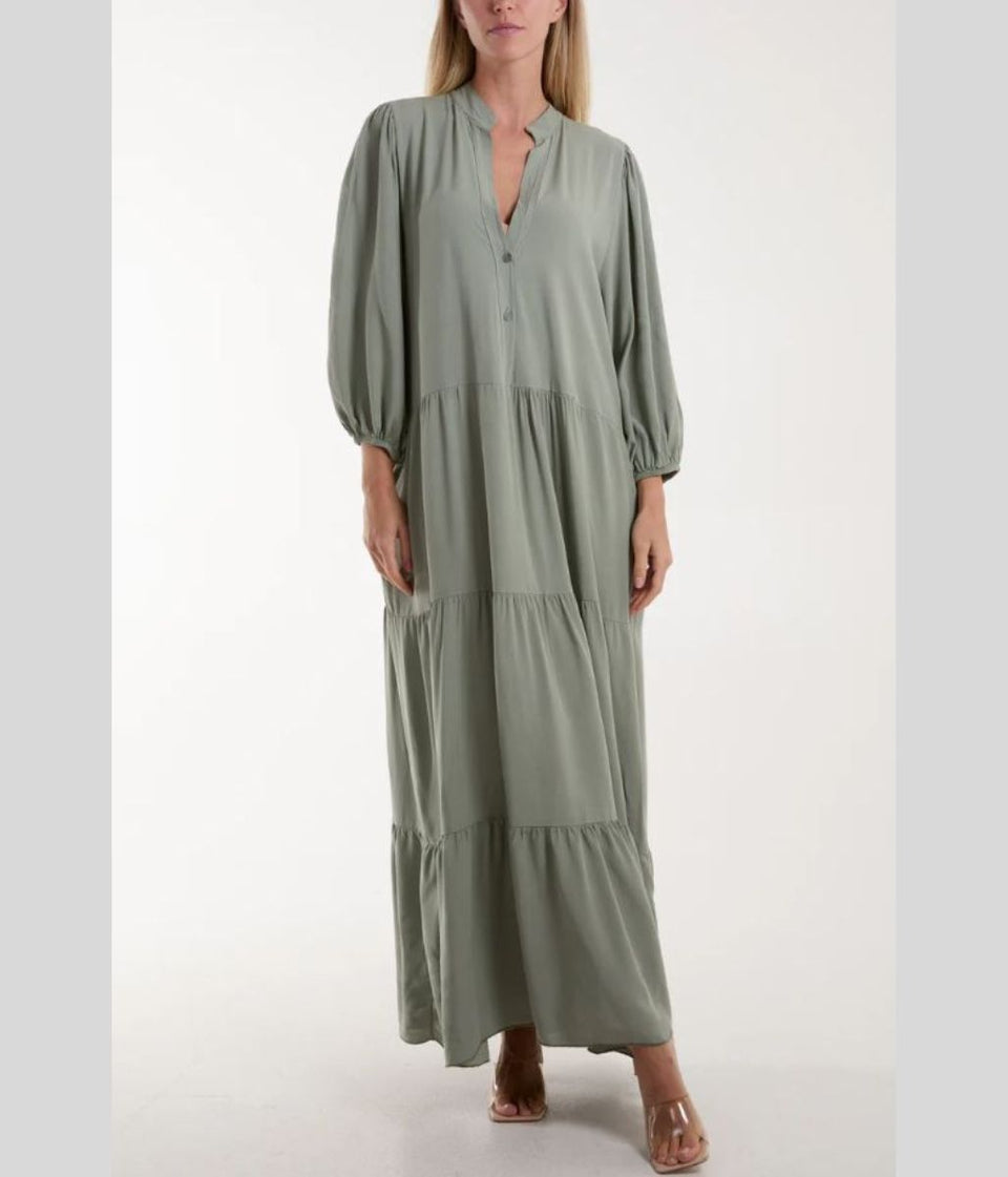 Khaki Tiered Maxi Shirt Dress