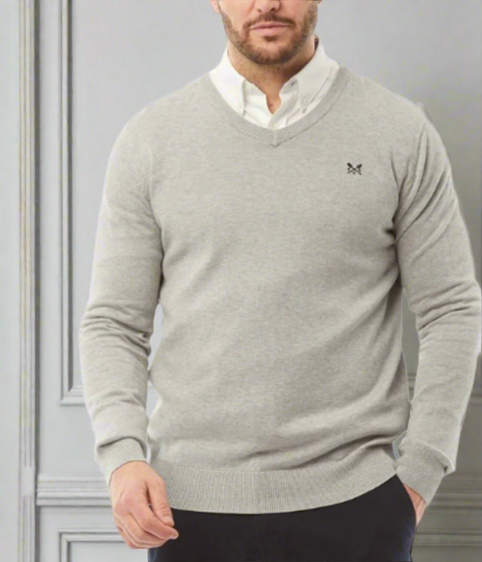 Grey Mens V Neck Logo Jumper