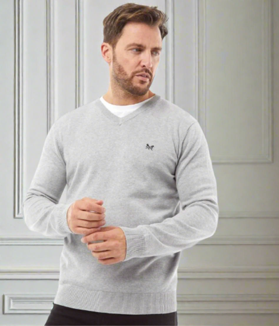 Grey Mens V Neck Logo Jumper