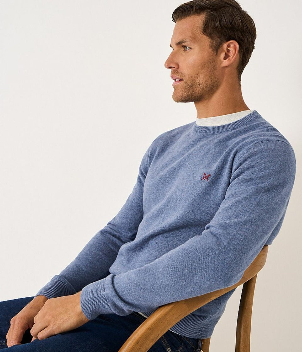 Denim Blue Mens Cotton Crew Neck Logo Jumper