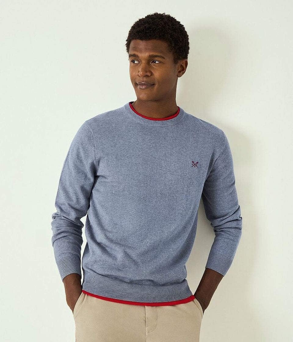 Marl Blue Cotton Crew Neck Logo Jumper