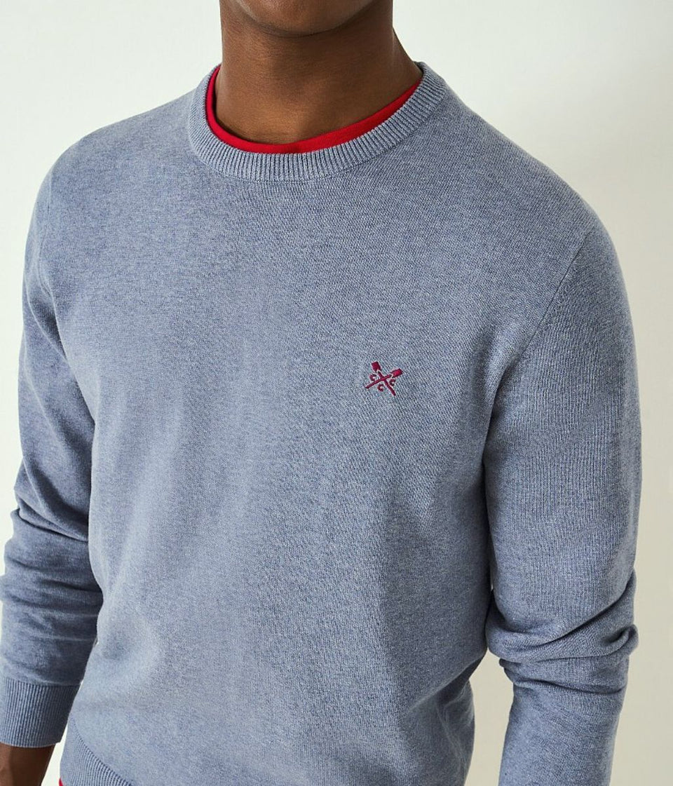 Marl Blue Cotton Crew Neck Logo Jumper