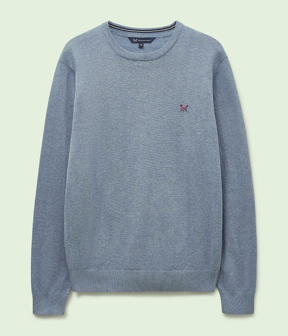 Marl Blue Cotton Crew Neck Logo Jumper