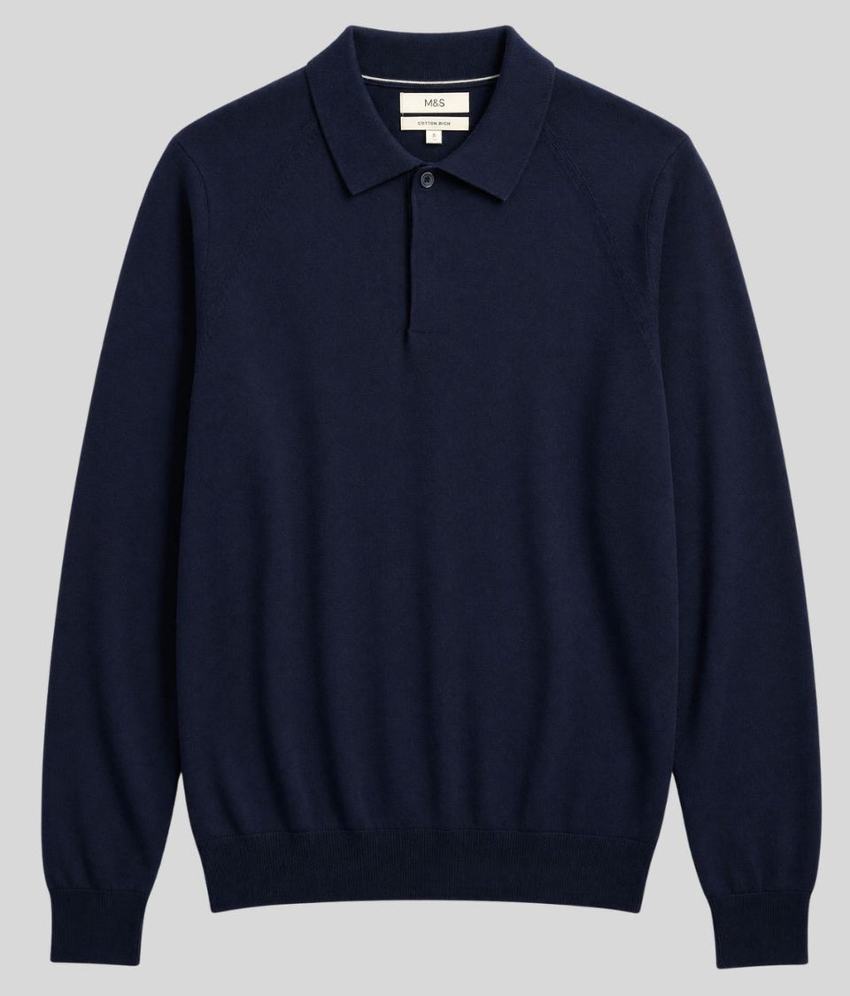 Mens Navy Cotton Rich Concealed Button Knitted Polo Top