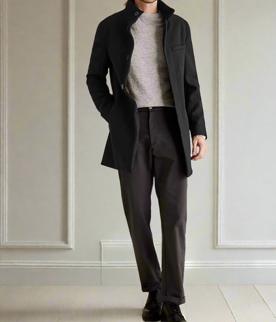 Mens Black Funnel Neck Overcoat