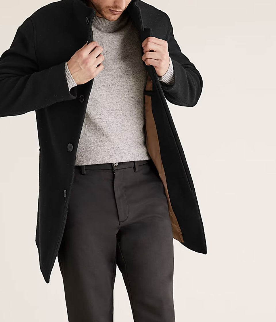 Mens Black Funnel Neck Overcoat