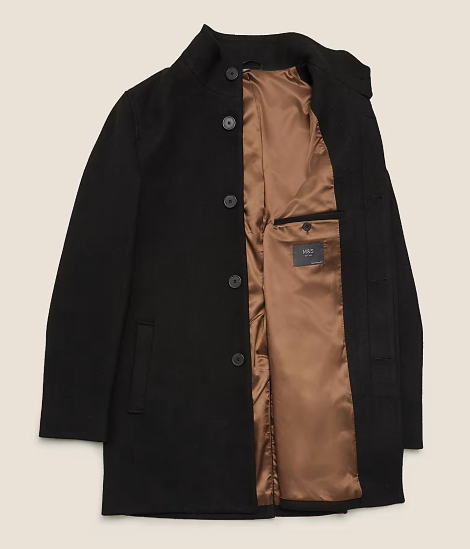 Mens Black Funnel Neck Overcoat