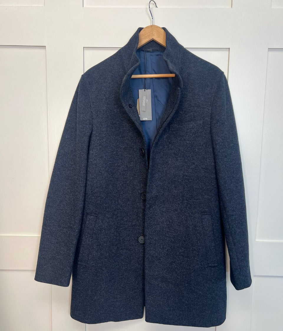 Navy Marl Mens Funnel Neck Overcoat