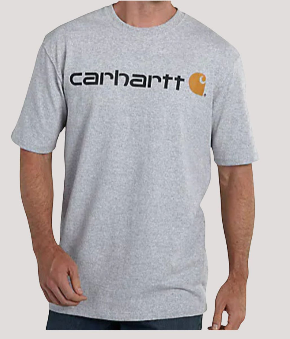 Person wearing a gray Carhartt t-shirt on a plain background