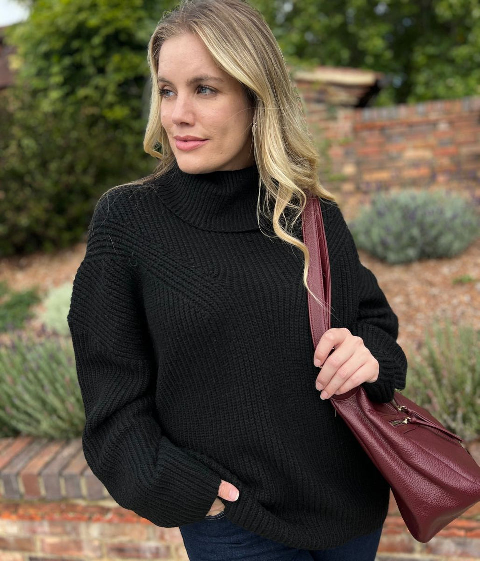 Black Rollneck Longline Knitted Jumper