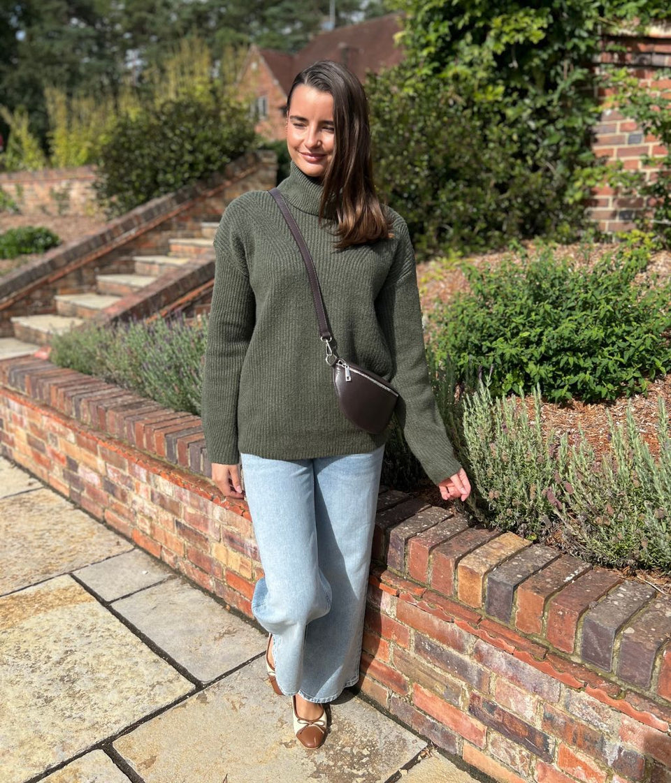 Khaki Rollneck Longline Knitted Jumper