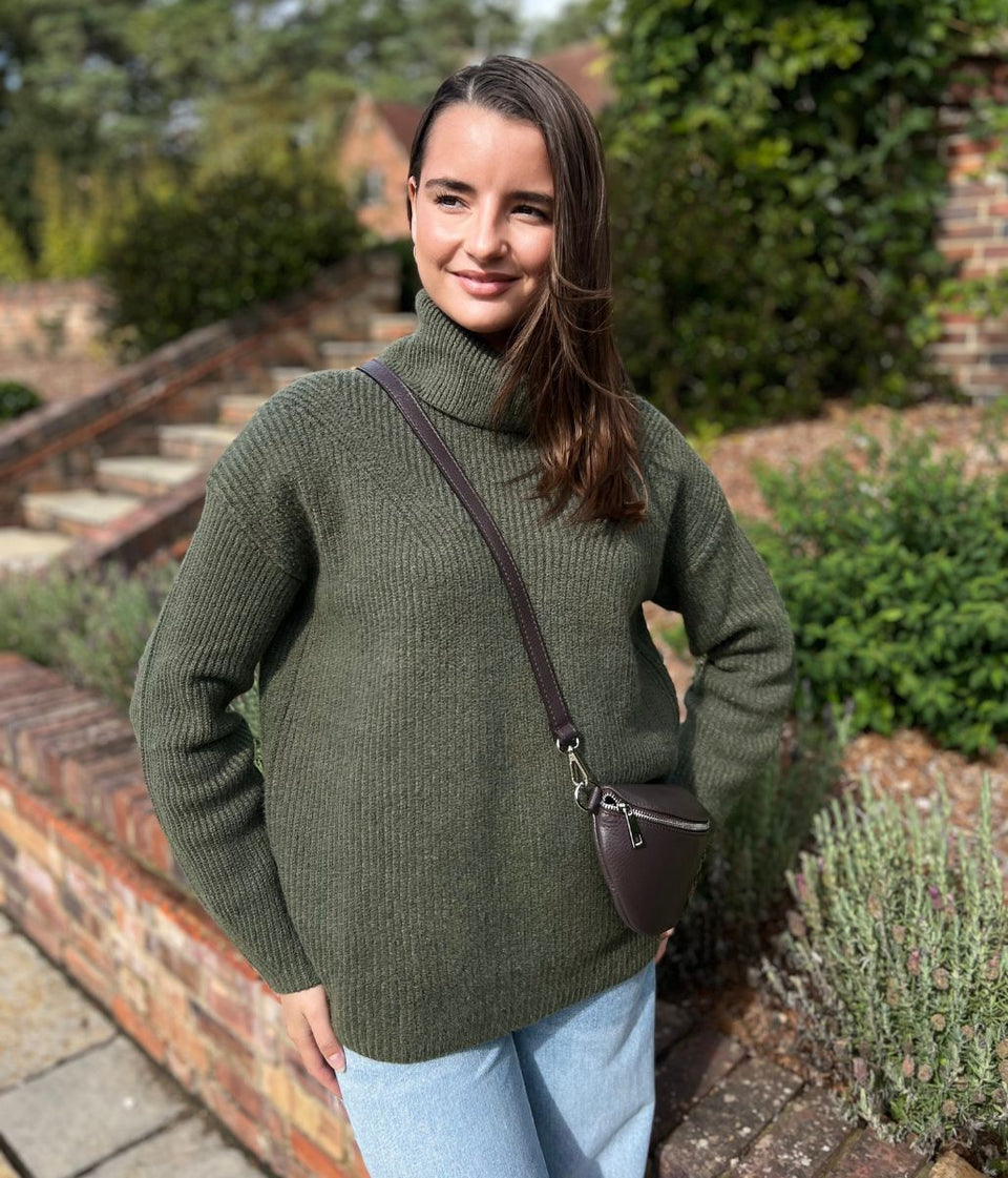 Khaki Rollneck Longline Knitted Jumper