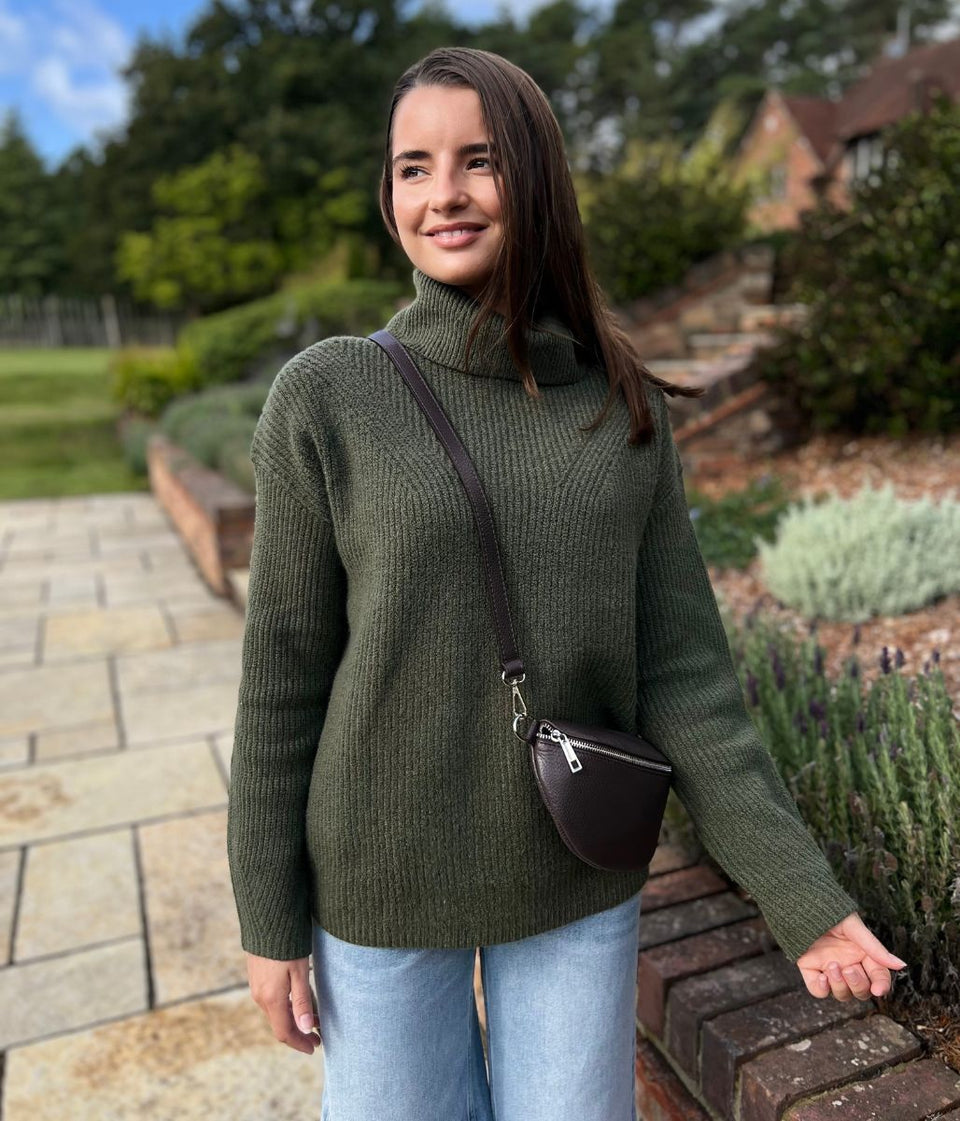 Khaki Rollneck Longline Knitted Jumper