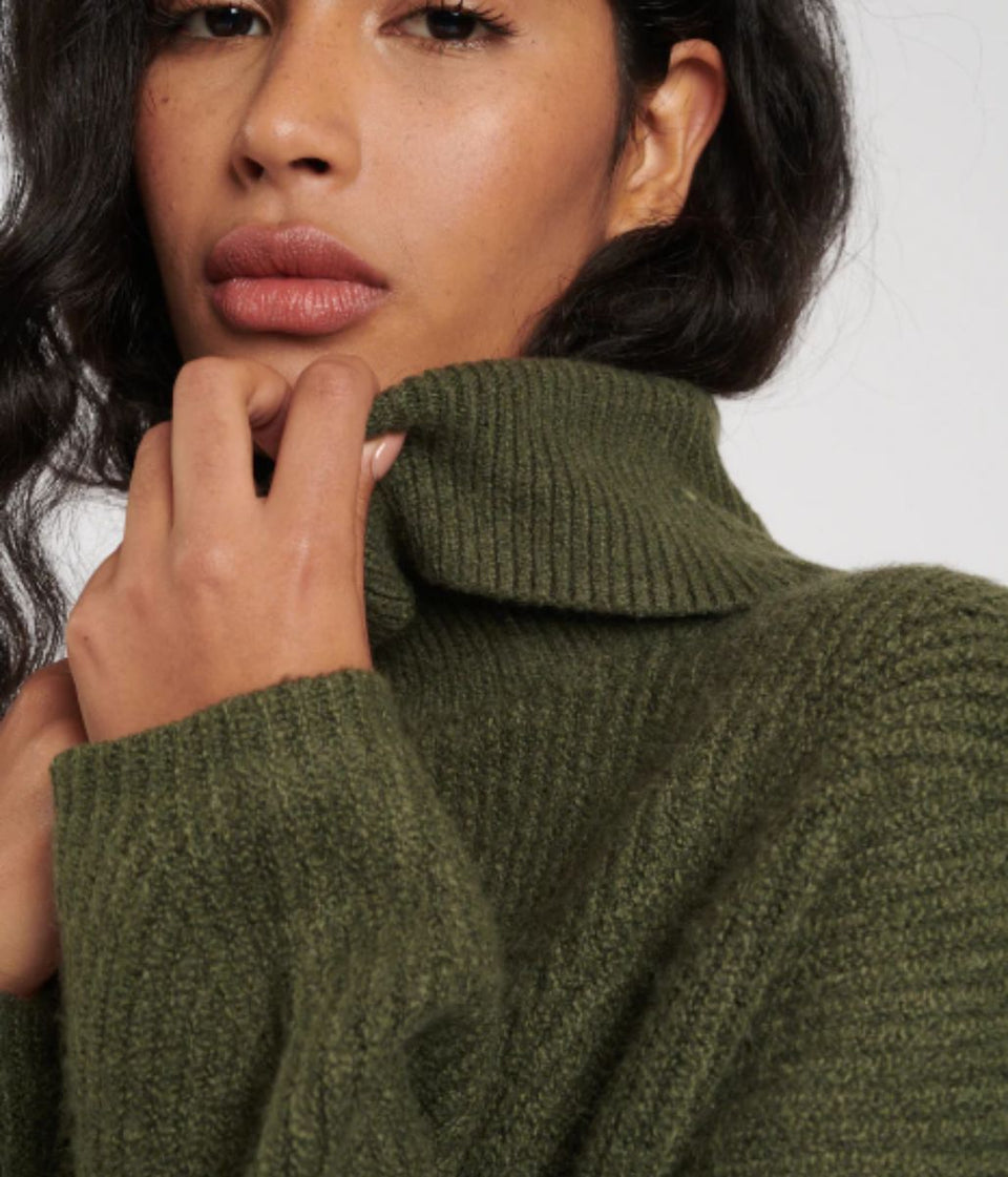 Khaki Rollneck Longline Knitted Jumper