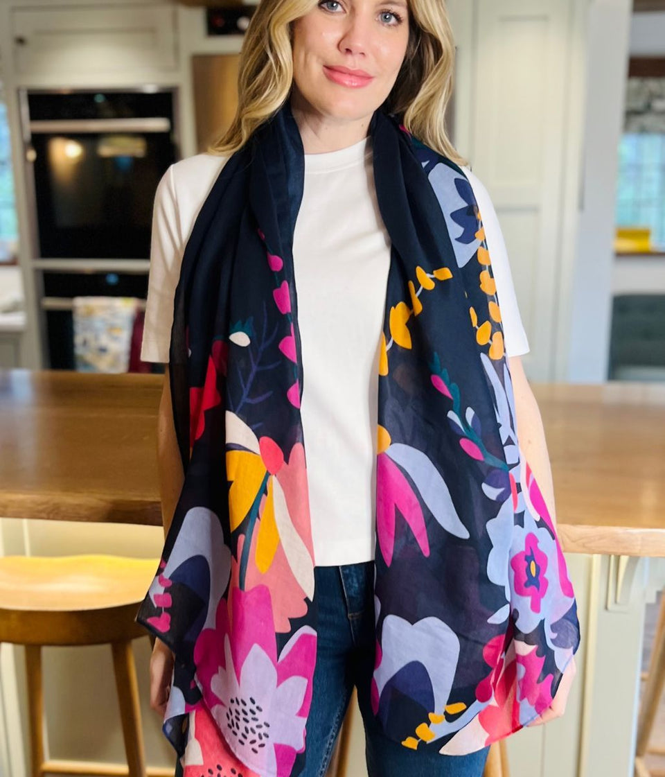 POM Navy Blue Tropical Print Scarf