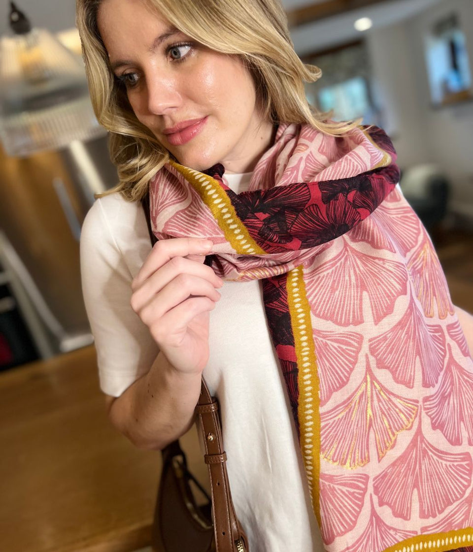 POM Red & Gold Gingko Leaf Print Scarf