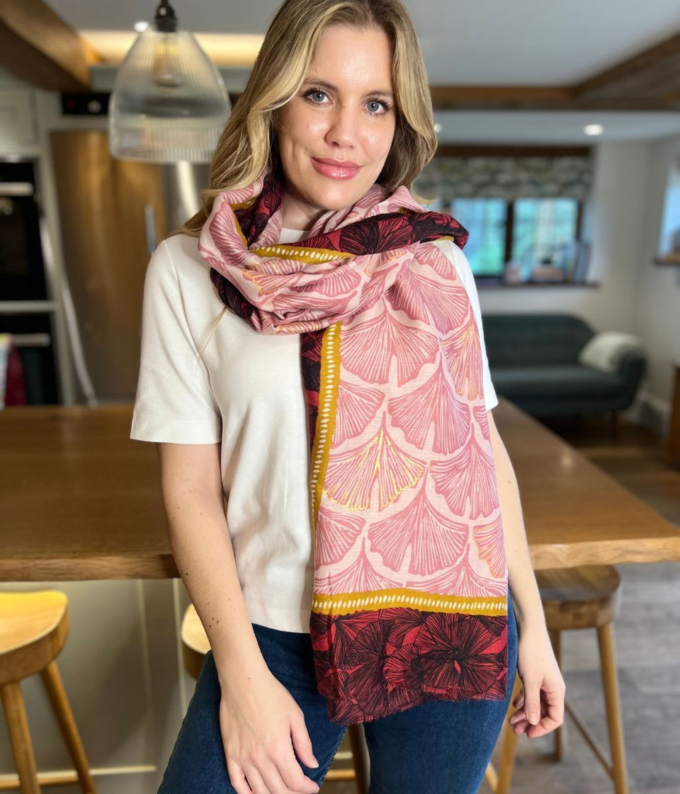 POM Red & Gold Gingko Leaf Print Scarf