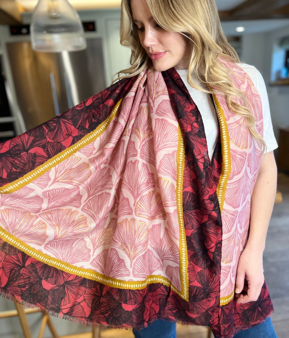 POM Red & Gold Gingko Leaf Print Scarf