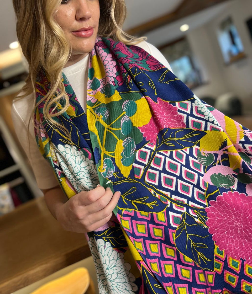 POM Green Mix Dahlia Print Bamboo Scarf