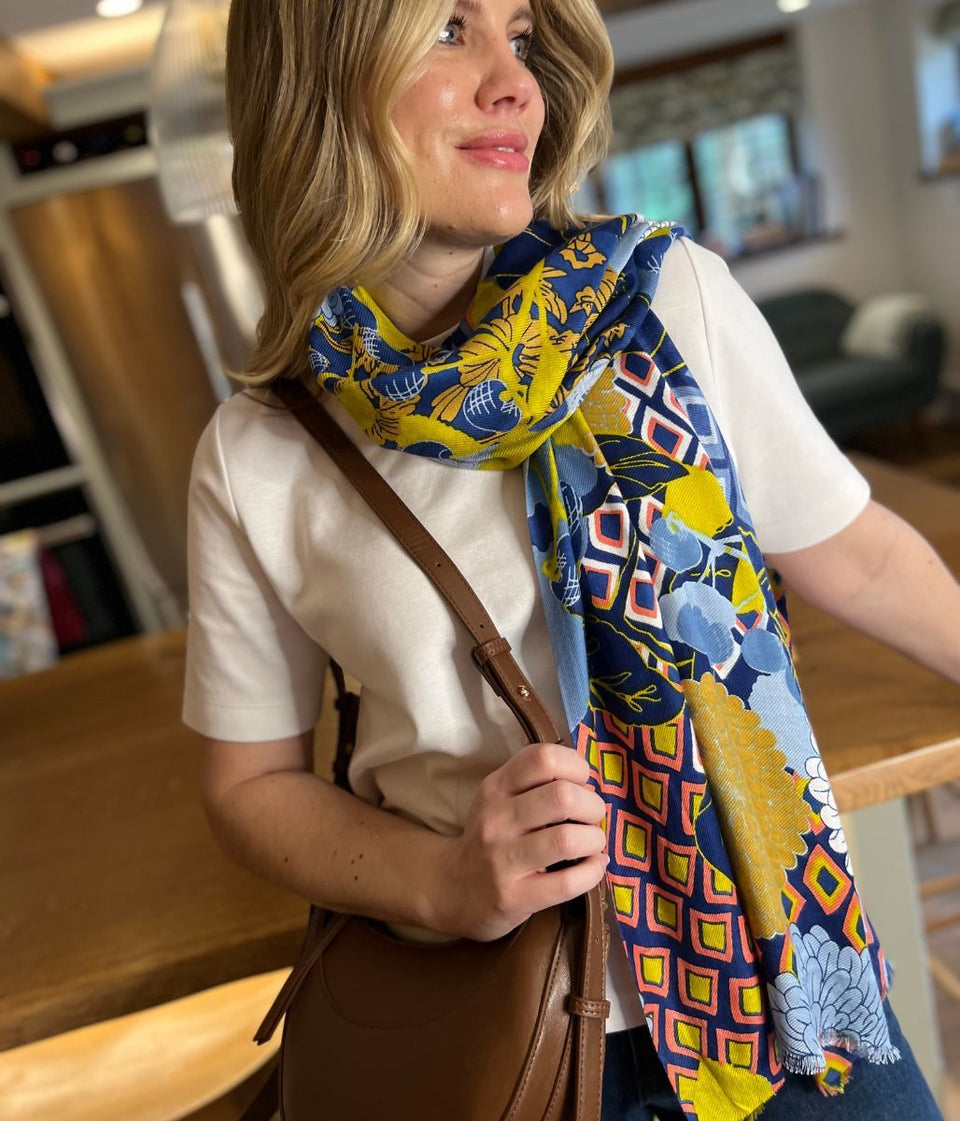 POM Blue Mix Dahlia Print Scarf