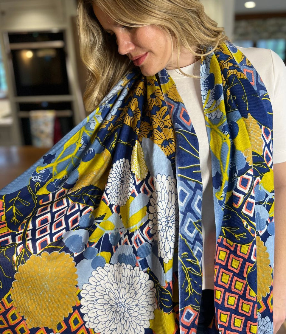 POM Blue Mix Dahlia Print Scarf