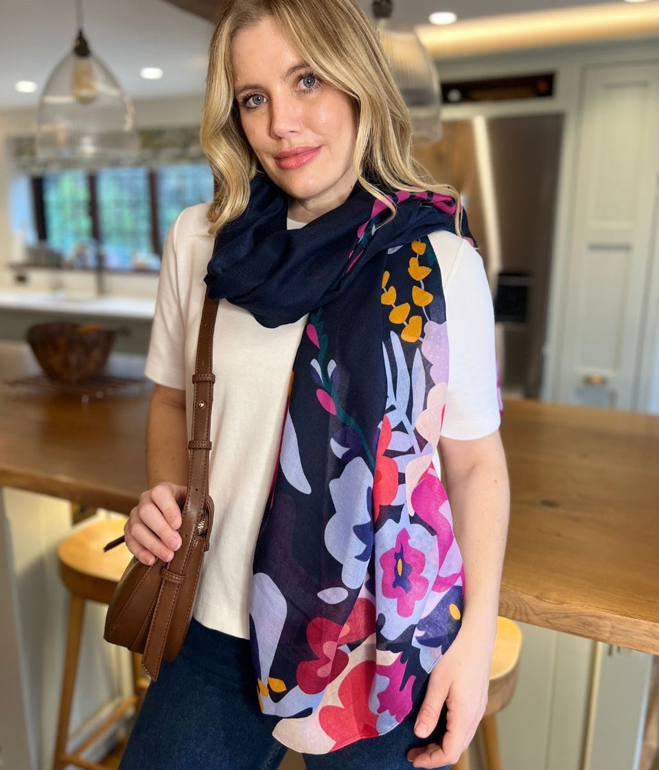 POM Navy Blue Tropical Print Scarf