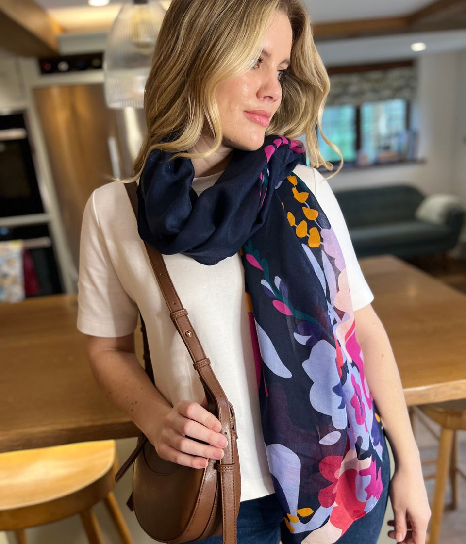 POM Navy Blue Tropical Print Scarf