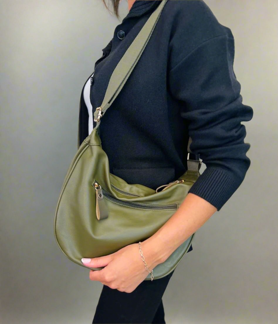 Women's Khaki Crescent Half Moon Sling Bag Handbag Pouch