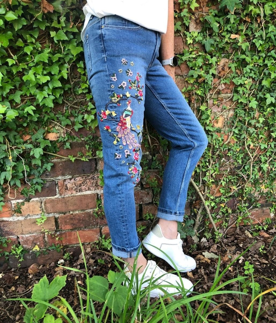 Peacock Embroidered Relaxed Slim Jeans