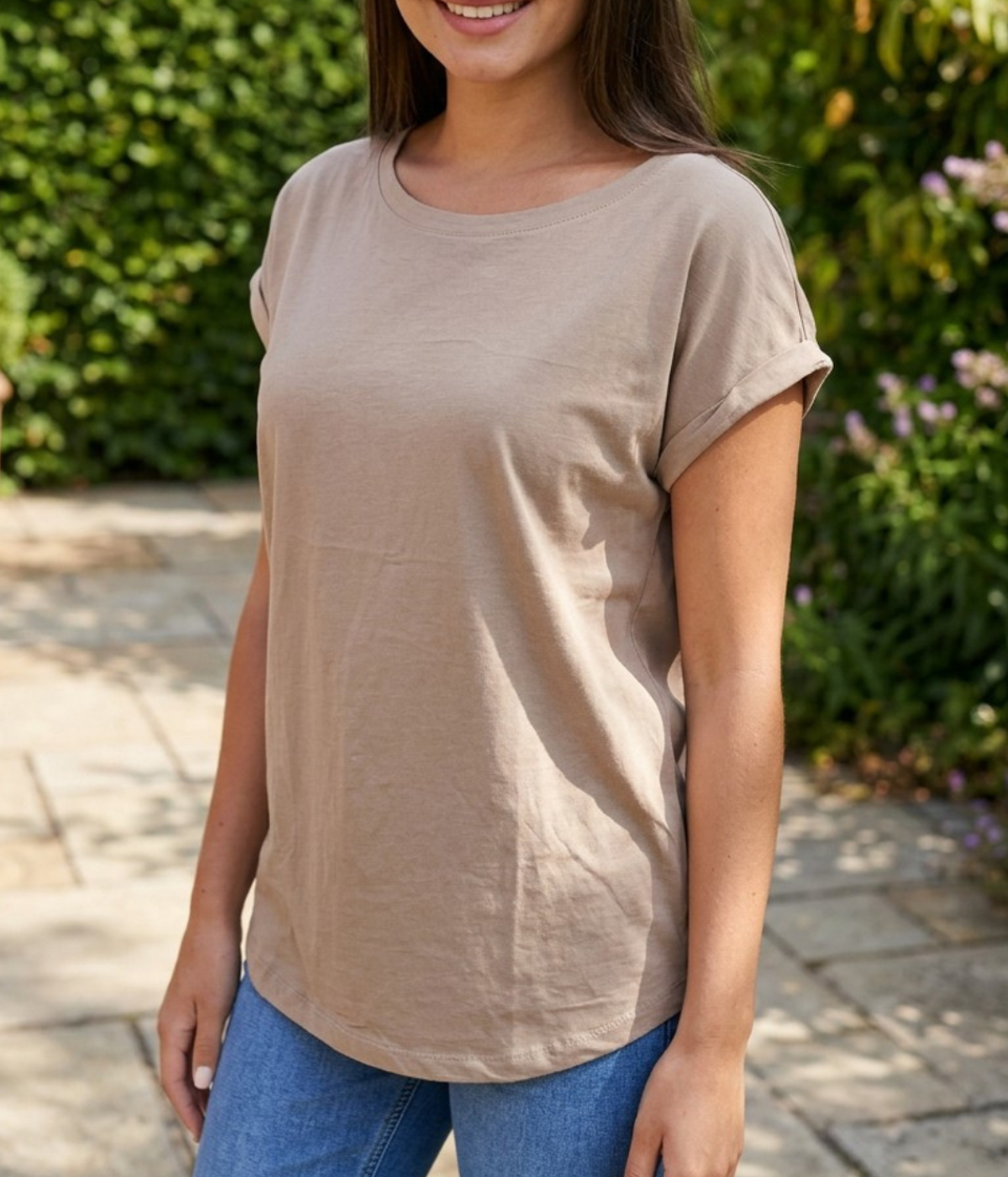 Taupe Cotton Cap Sleeve T Shirt