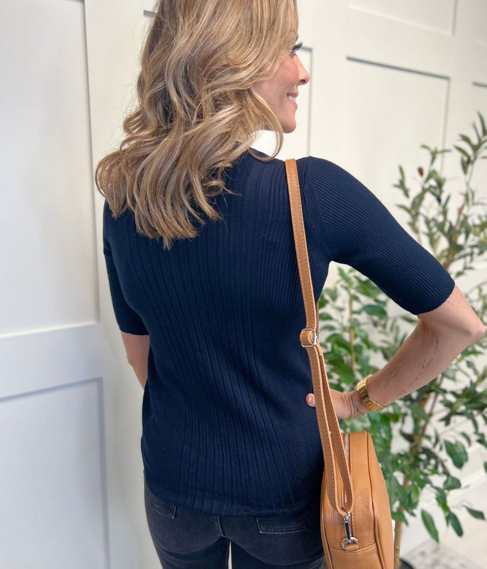 Navy Ribbed Short Sleeve Jumper