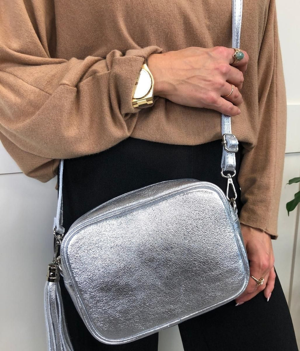 Silver Leather Tassel Camera Bag