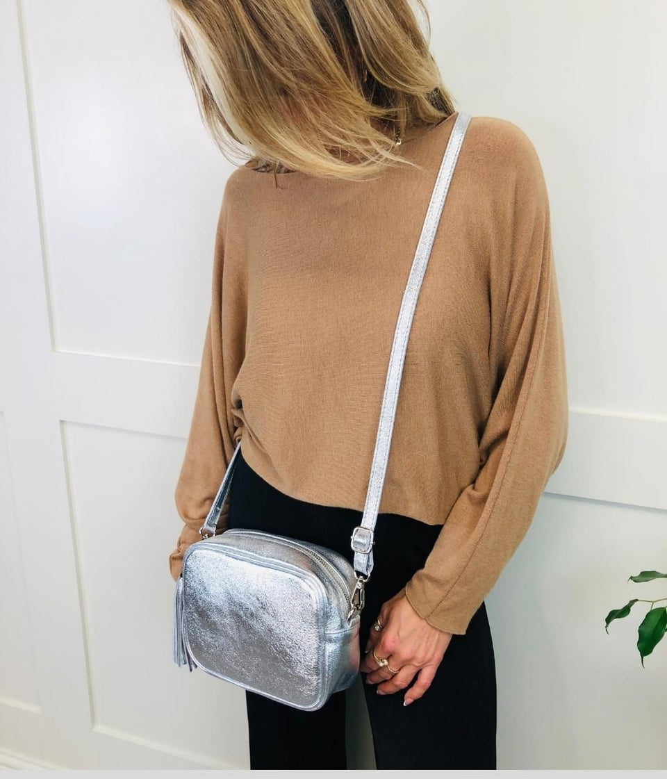 Silver Leather Tassel Camera Bag