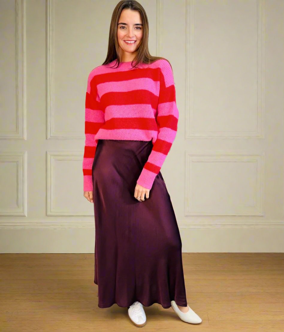 Burgundy Satin Slip Midi Skirt