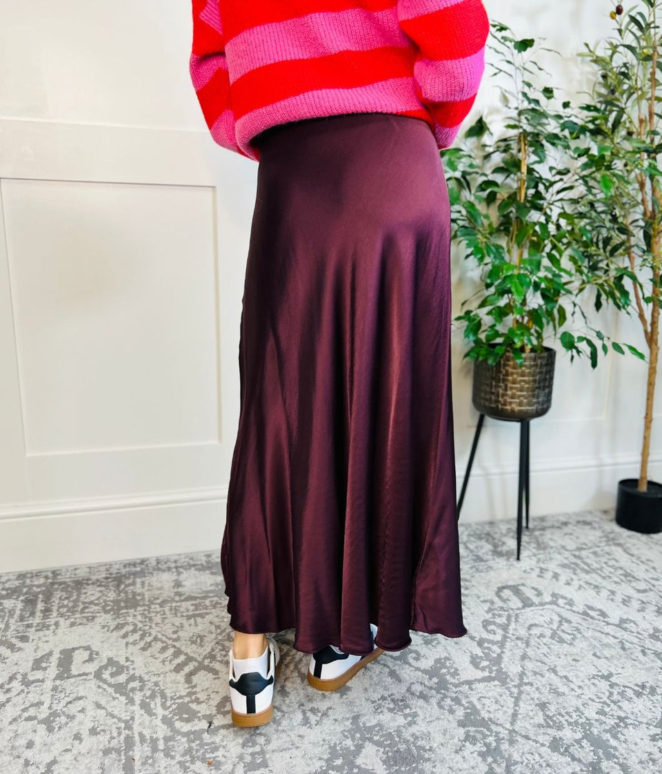 Burgundy Satin Slip Midi Skirt