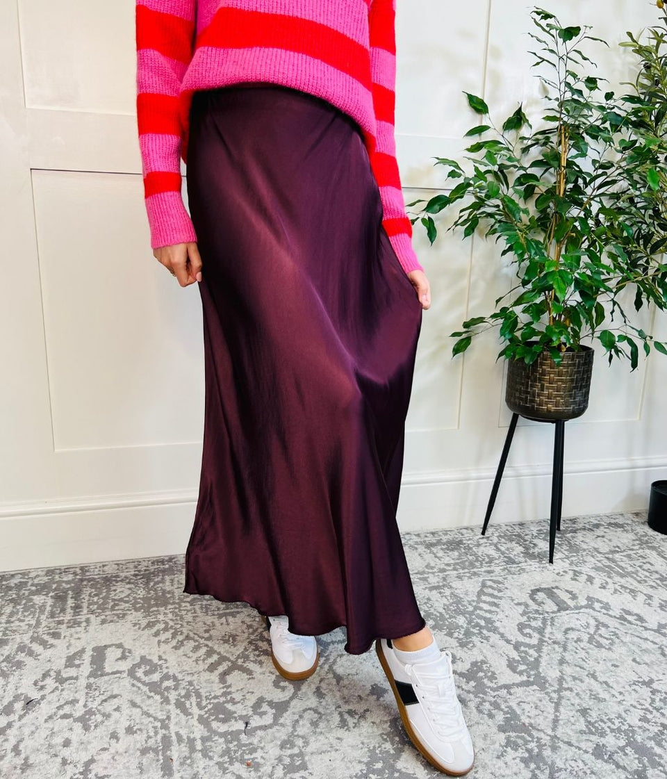 Burgundy Satin Slip Midi Skirt