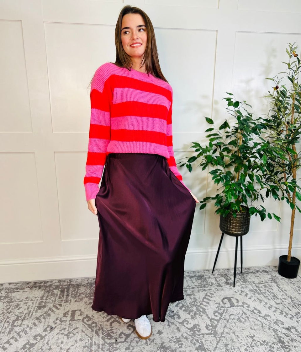 Burgundy Satin Slip Midi Skirt