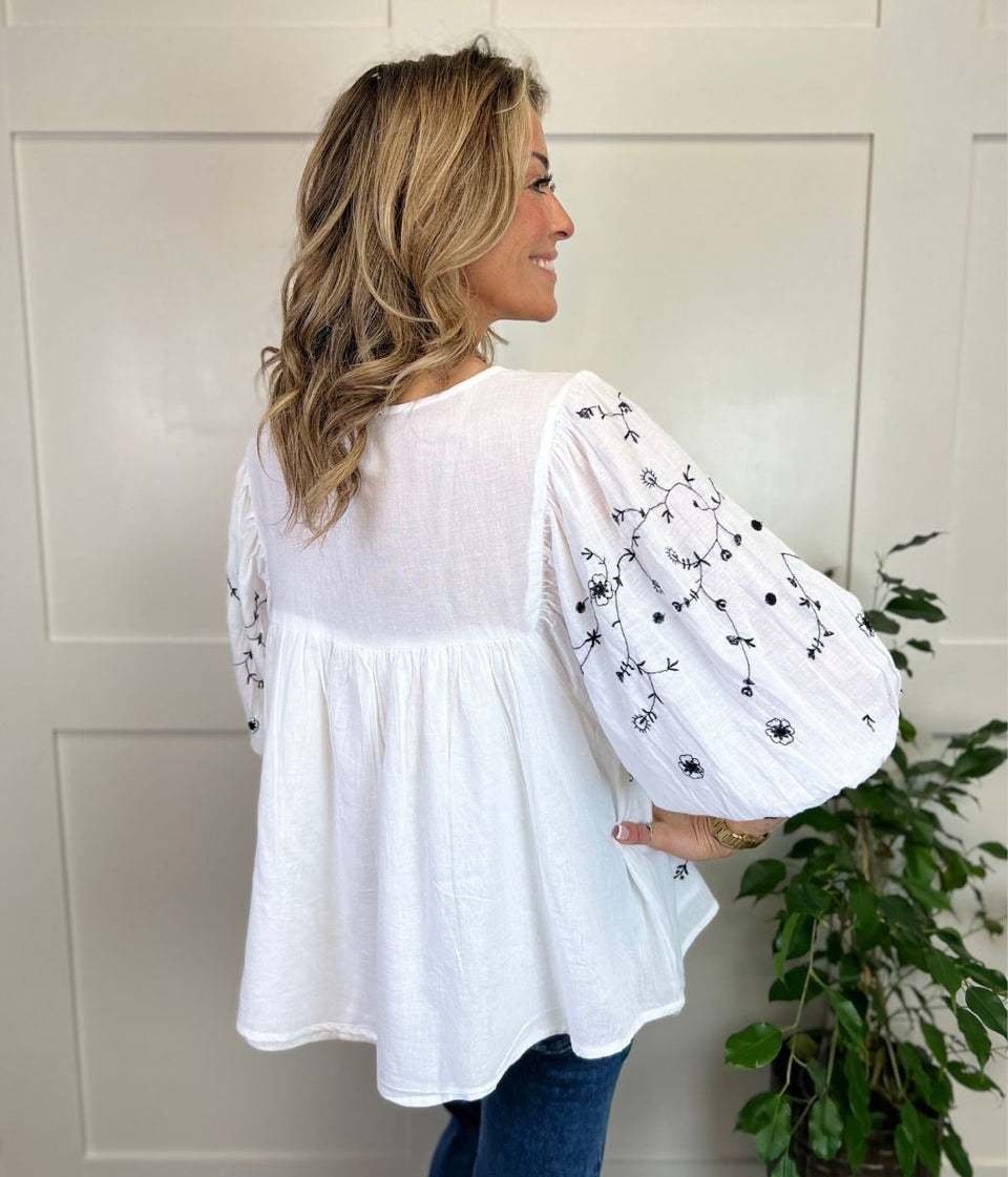 Ivory Black Embroidered Boho Blouse