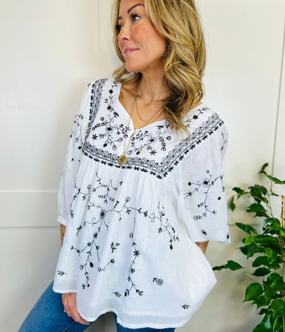 Ivory Black Embroidered Boho Blouse