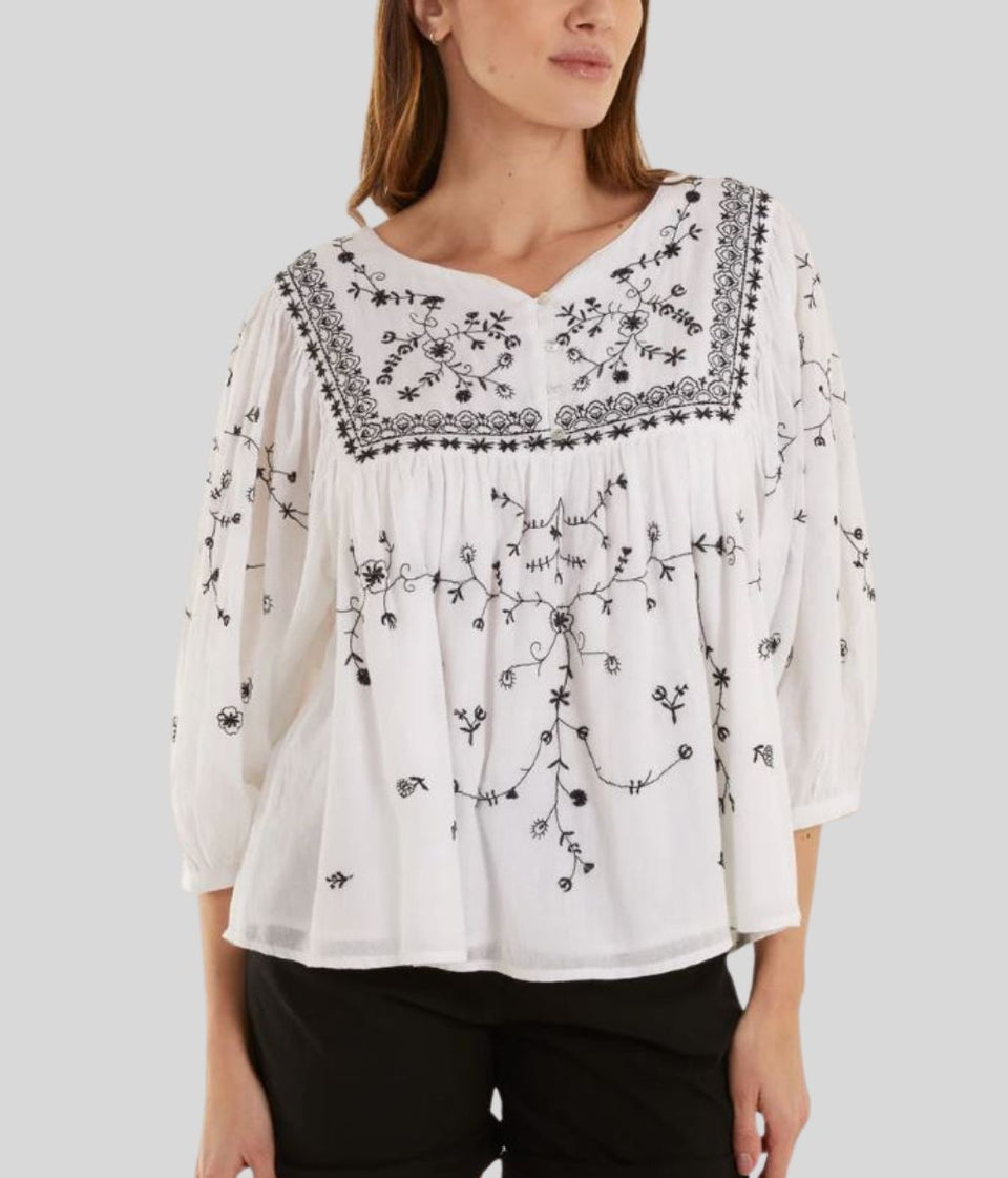 Ivory Black Embroidered Boho Blouse