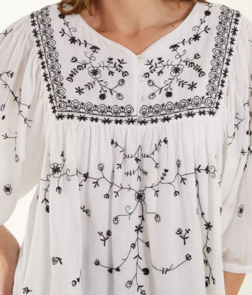 Ivory Black Embroidered Boho Blouse