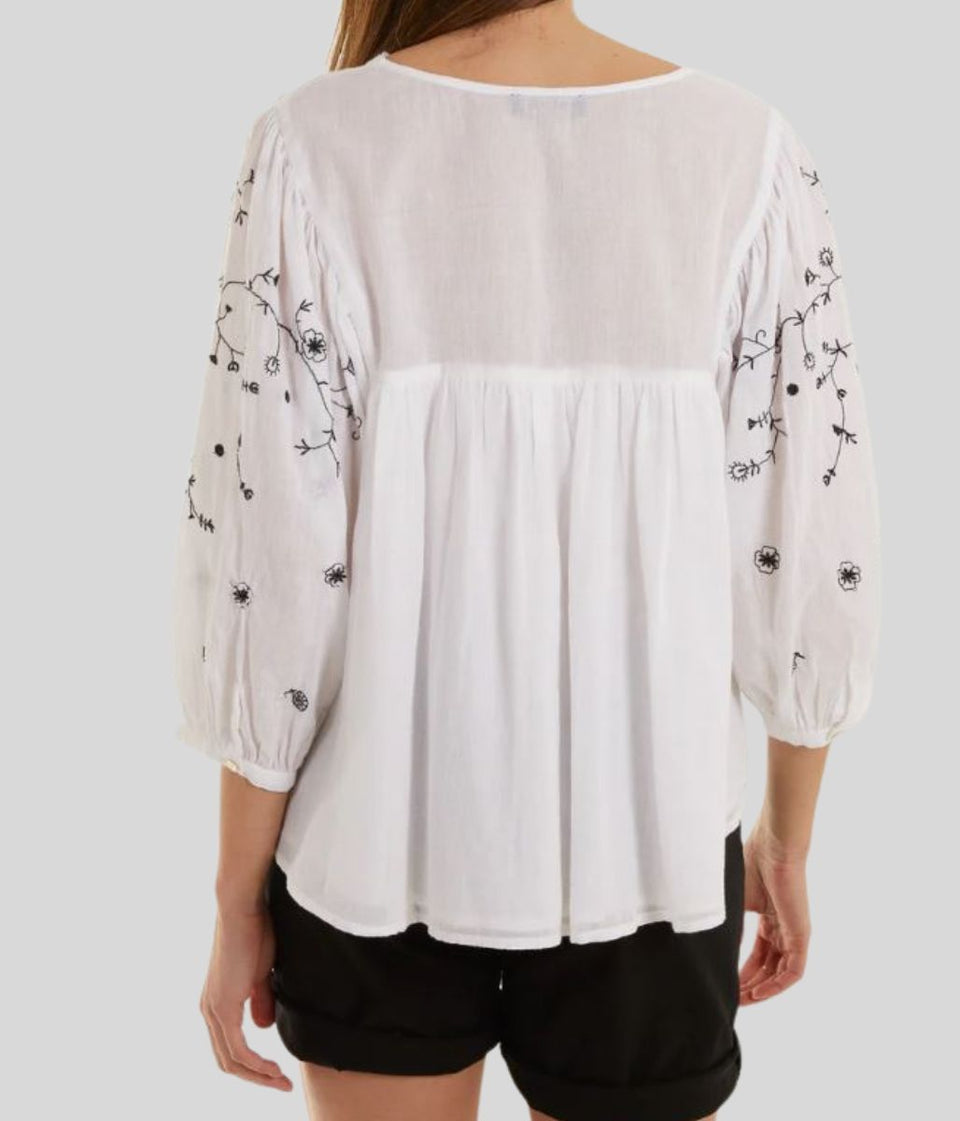 Ivory Black Embroidered Boho Blouse