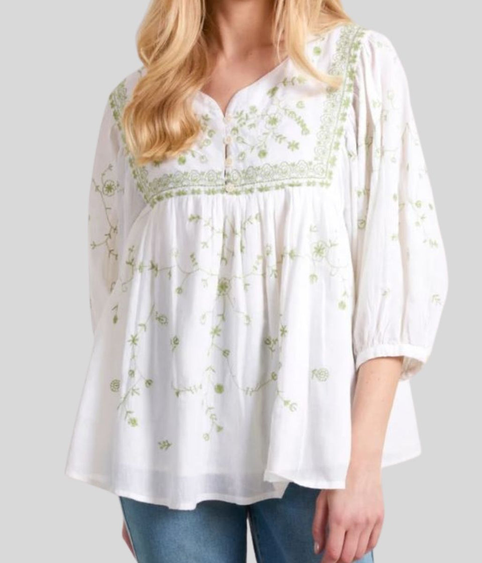 Ivory Green Embroidered Boho Blouse