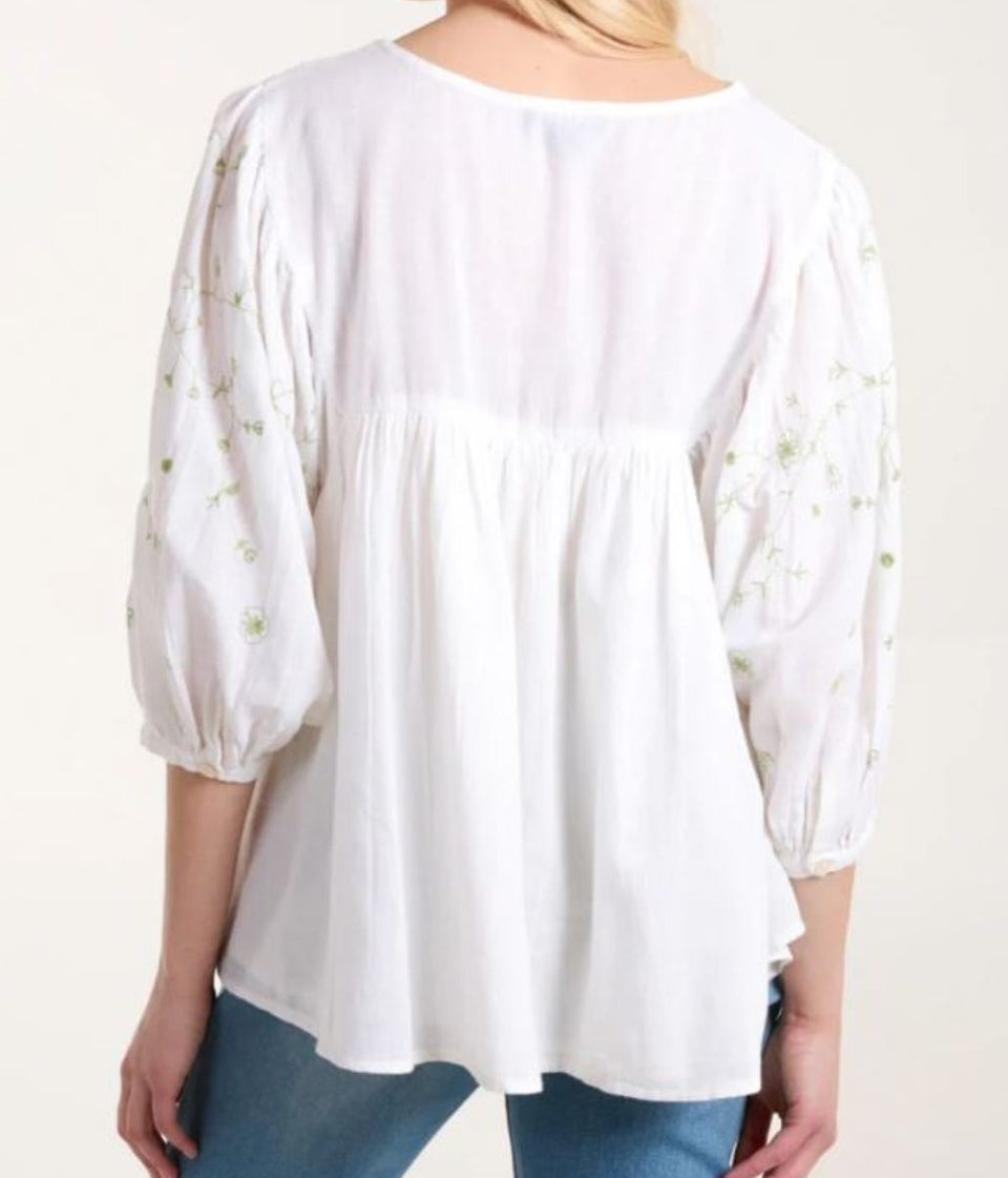 Ivory Green Embroidered Boho Blouse