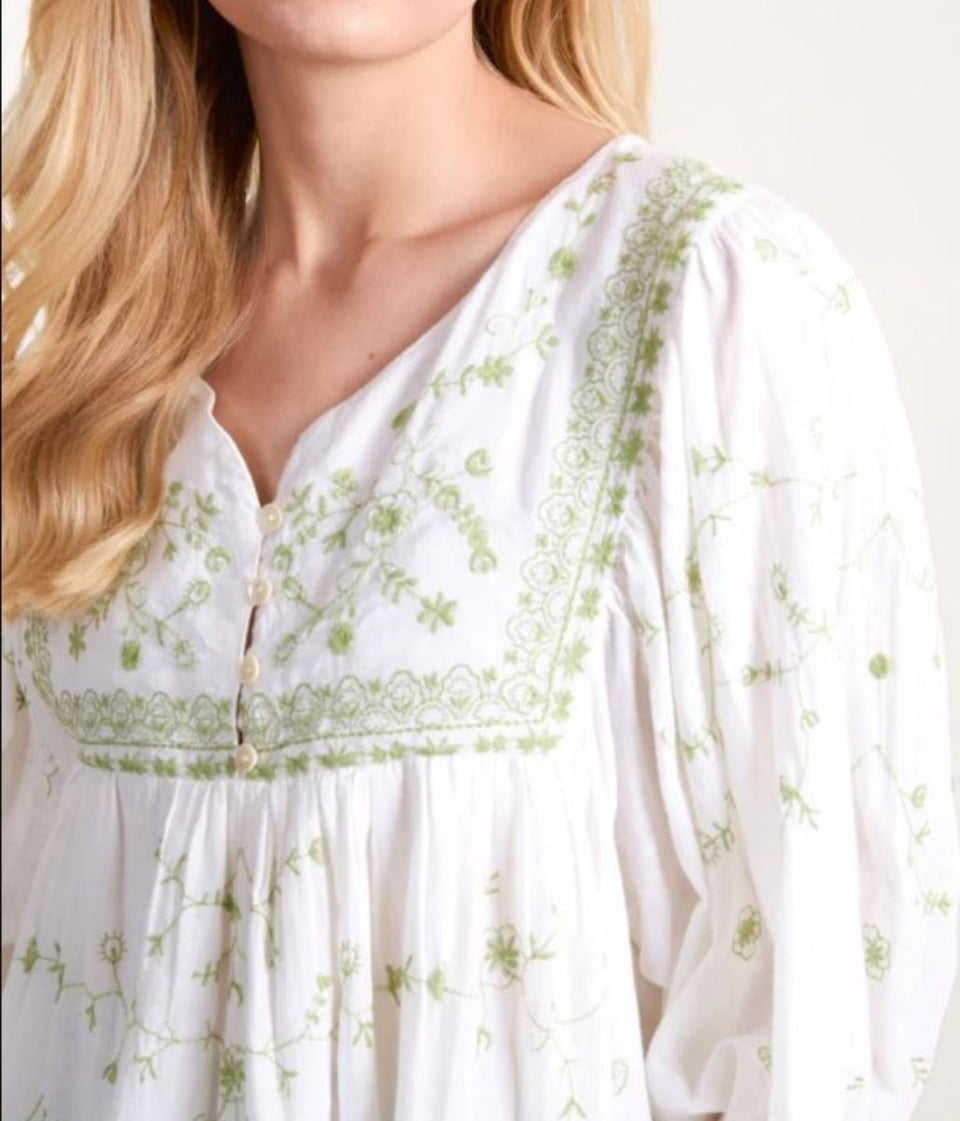 Ivory Green Embroidered Boho Blouse