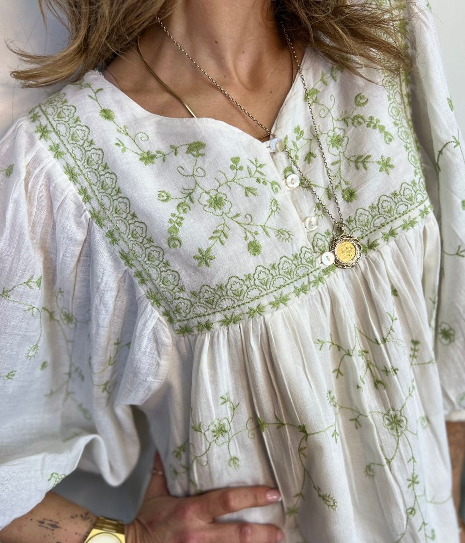 Ivory Green Embroidered Boho Blouse